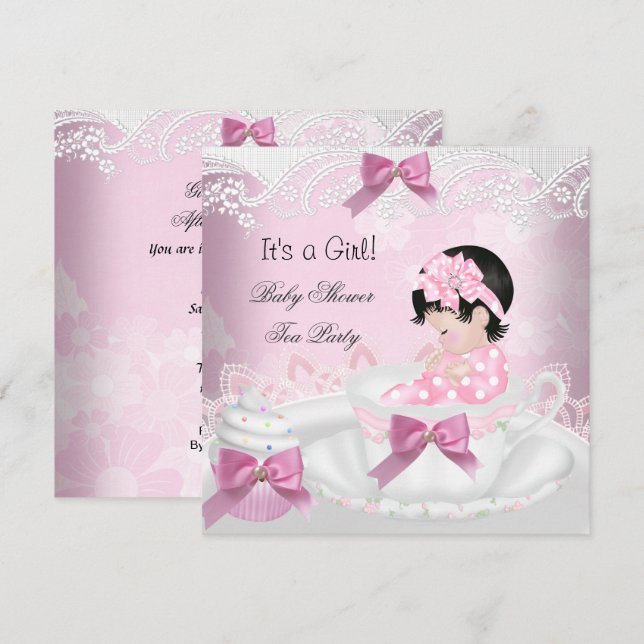 Convites Chá de Bebê Menina Rosa Bebe xícara Cupcake (Frente/Verso)