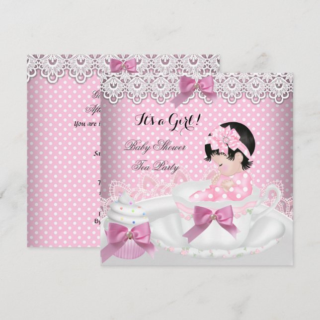 Convites Chá de Bebê Menina Rosa Bebê Xícara Cupcake 2 (Frente/Verso)