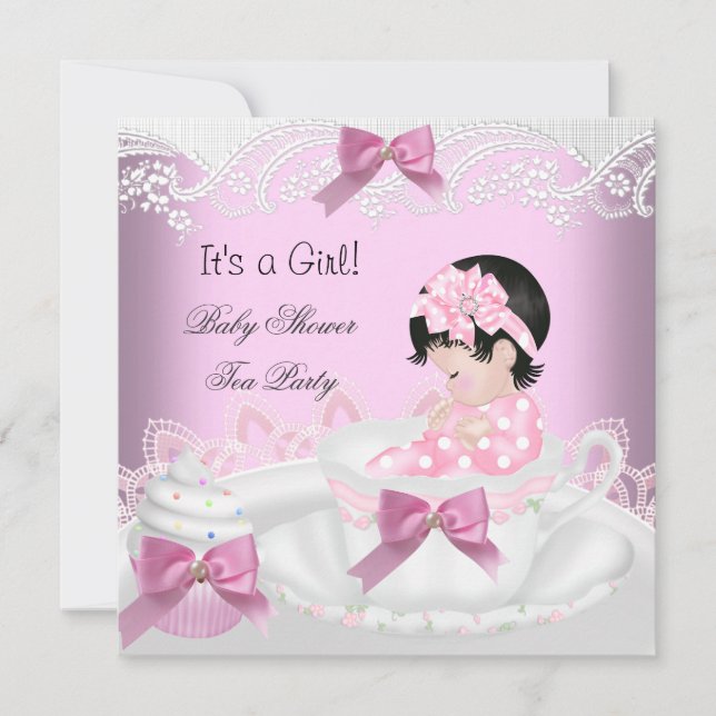 Convites Chá de Bebê Menina Rosa Bebê Xícara Cupcake 2 (Frente)