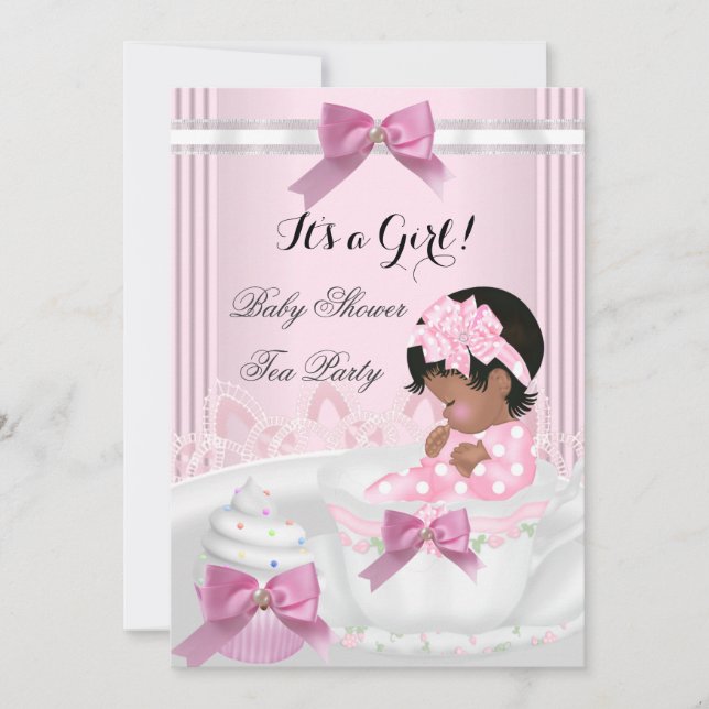 Convites Chá de Bebê Menina Rosa Bebê Xícara Cupcake 4a (Frente)