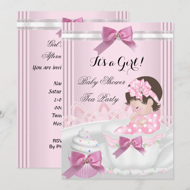 Convites Chá de Bebê Menina Rosa Bebê Xícara Cupcake 4b (Frente/Verso)