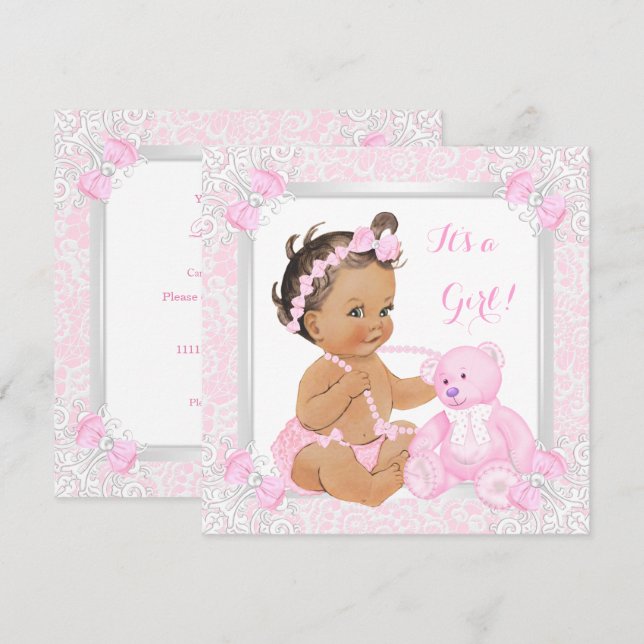Convites Chá de Bebê Menina Rosa Bonito Urso de Renda Moren (Frente/Verso)