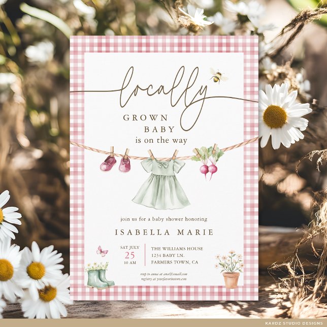 Convites Chá de Bebê Menina Rosa Cultivada Localmente (The front of the baby shower invite is shown at 5x7-inch size. Choose paper, + corner style.)