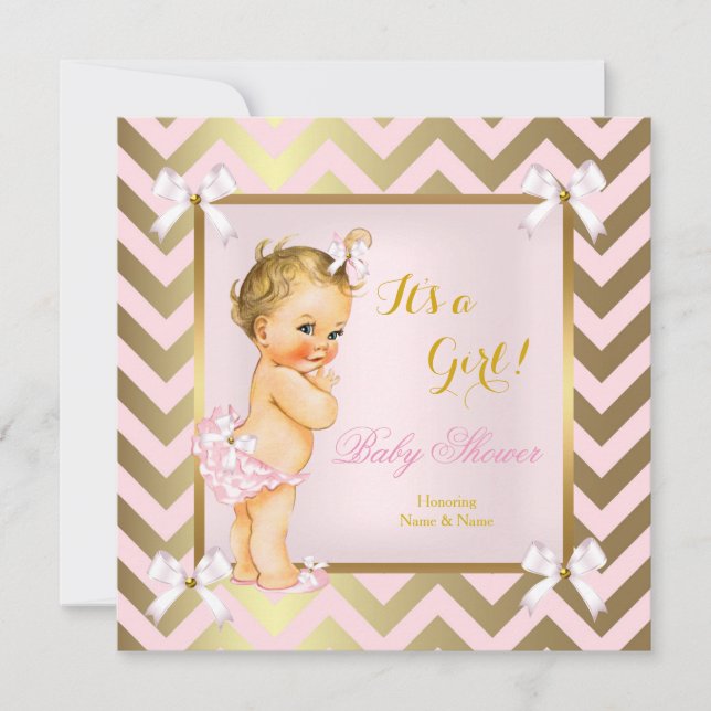 Convites Chá de Bebê Menina Rosa Dourado Chevron Loira (Frente)