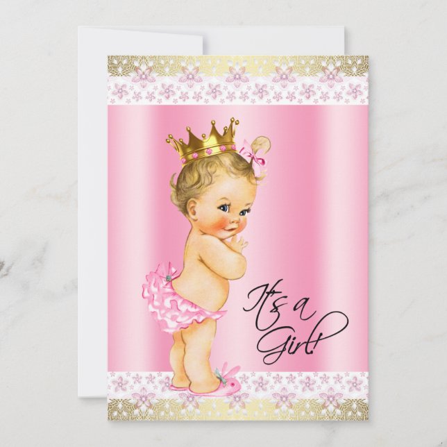 Convites Chá de Bebê Menina Rosa e Dourado Cabelo Loiro (Frente)