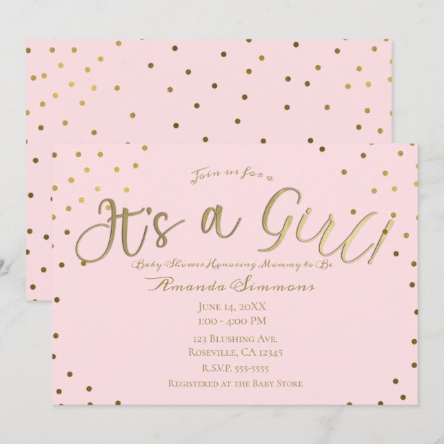 Convites Chá de Bebê Menina Rosa e Dourado Moderno (Frente/Verso)
