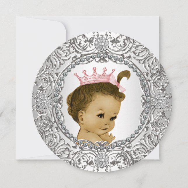 Convites Chá de Bebê Menina Rosa e Prata Fino (Frente)