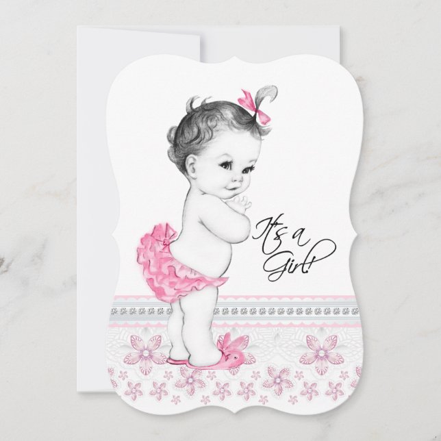 Convites Chá de Bebê Menina Rosa e Preto (Frente)