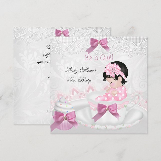 Convites Chá de Bebê Menina Rosa Festa de Chá em Xícara de  (Frente/Verso)