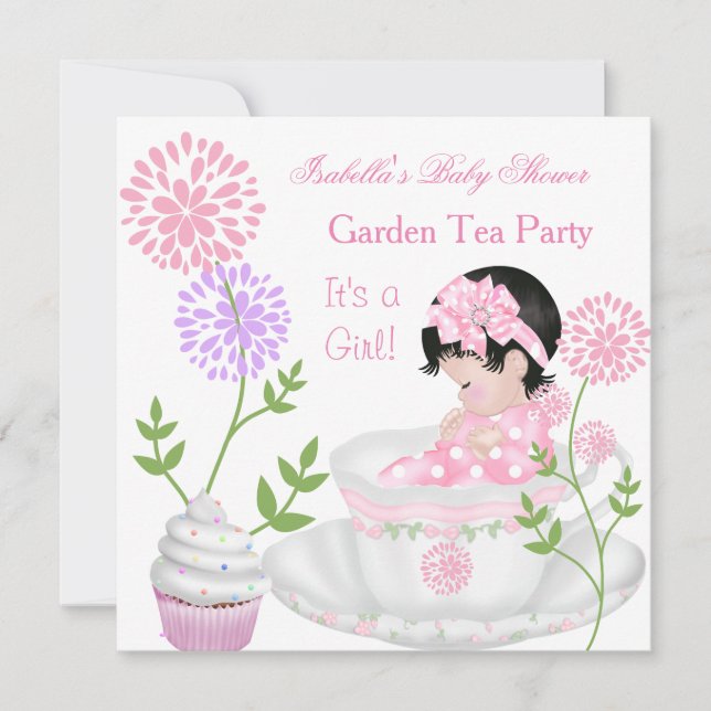 Convites Chá de Bebê Menina Rosa Jardim Festa de Chá (Frente)
