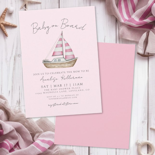 Convites Chá de Bebê Menina Rosa Náutico (Nautical Pink Girl Baby Shower Invitation )