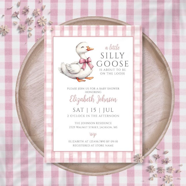 Convites Chá de Bebê Menina Rosa Pequeno Ganso Bobo  (Little Silly Goose Pink Girl Baby Shower Invitation)