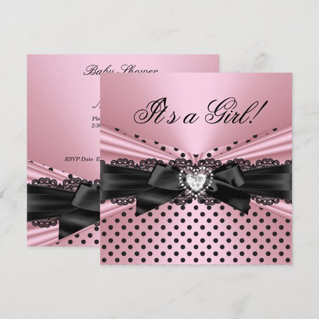 Convites Chá de Bebê Menina Rosa Preto Renda Bolinhas (Frente/Verso)