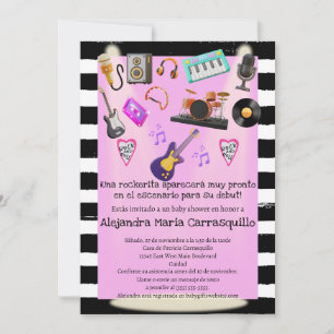 Convites Chá de Bebê Menina Rosa Rock n Roll Espanhol