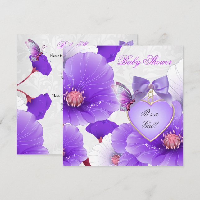 Convites Chá de Bebê Menina Rosa Roxo Borboleta Floral 2 (Frente/Verso)