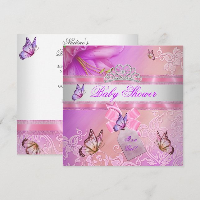 Convites Chá de Bebê Menina Rosa Roxo Princesa Borboleta (Frente/Verso)