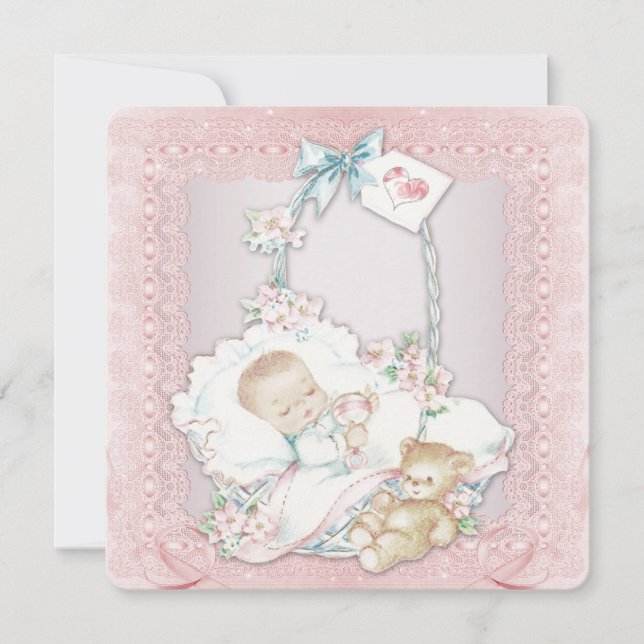 Convites Chá de Bebê Menina Rosa Vintage Elegante (Frente)