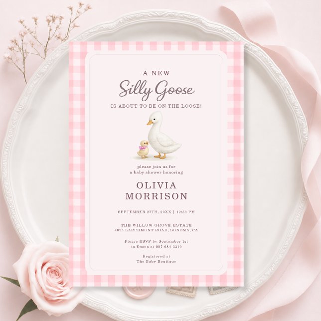 Convites Chá de Bebê Menina Rosa Xadrez Silly Goose (Criador carregado)
