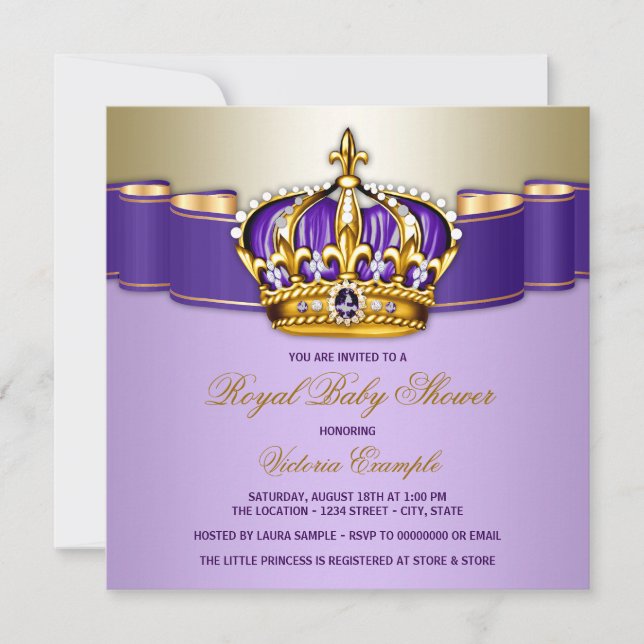 Convites Chá de Bebê Menina Roxo Dourado Real (Frente)