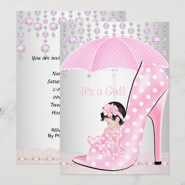 Convites Chá de Bebê Menina Sapato de Bebê Rosa Diamante 2 (Frente/Verso)