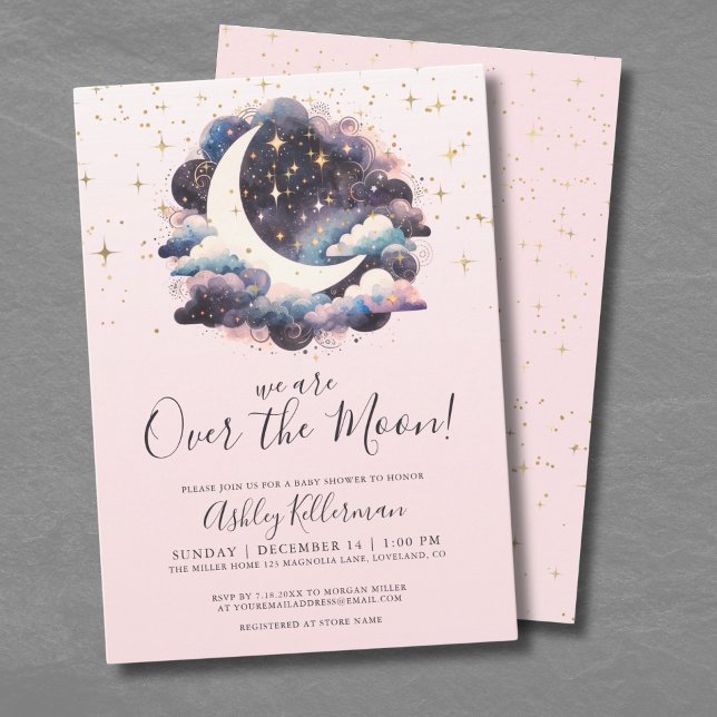 Convites Chá de Bebê Menina Sobre a Lua (Girl Over The Moon Baby Shower Invitation )