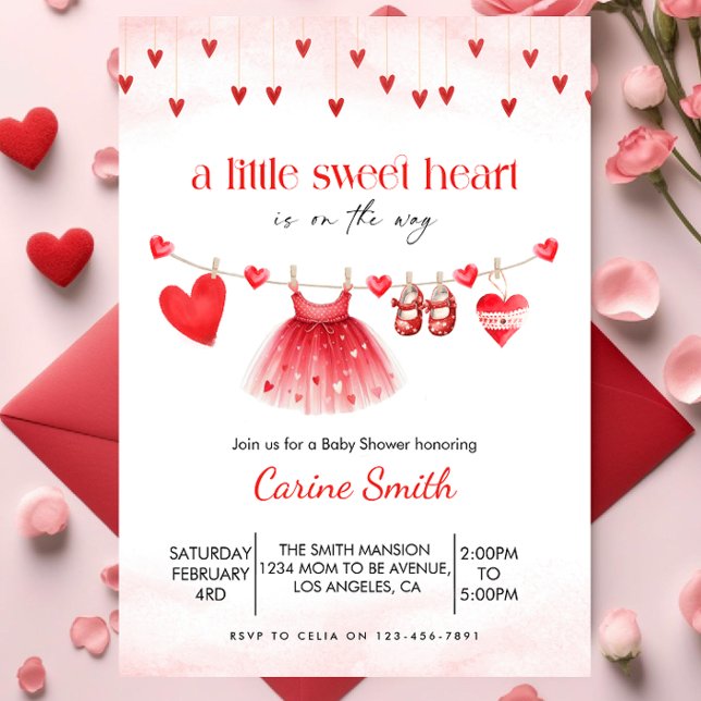 Convites Chá de Bebê Menina Sweetheart Vermelho (Criador carregado)