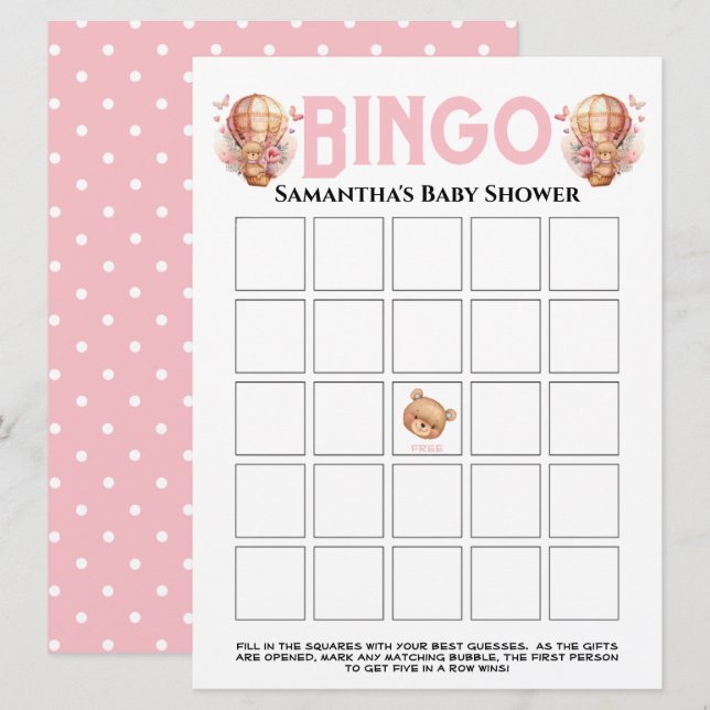 Convites Chá de Bebê Menina Teddy Balão Rosa Bingo (Frente/Verso)