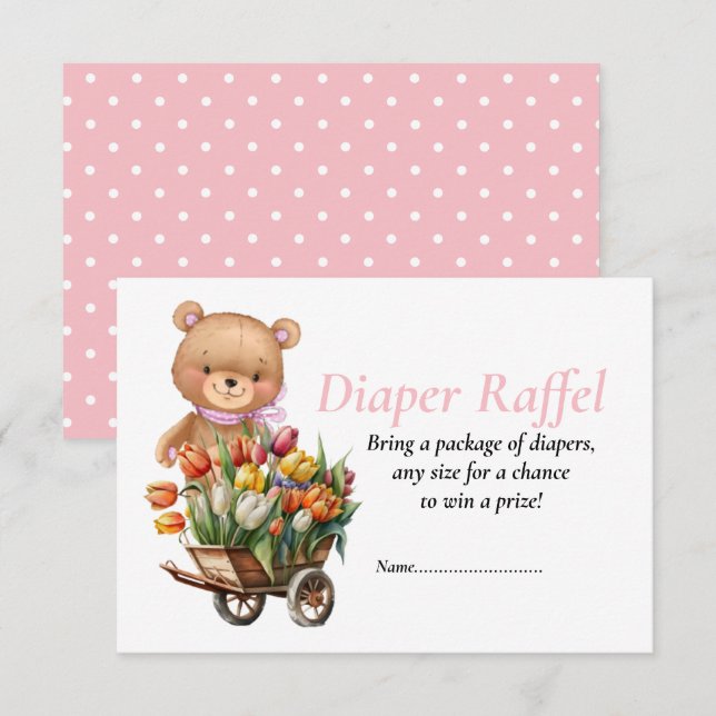 Convites Chá de Bebê Menina Teddy Floral Diaper Raffel   (Frente/Verso)