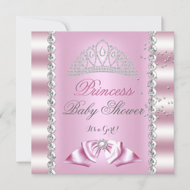 Convites Chá de Bebê Menina Tiara Princesa Rosa Branco Gema (Frente)