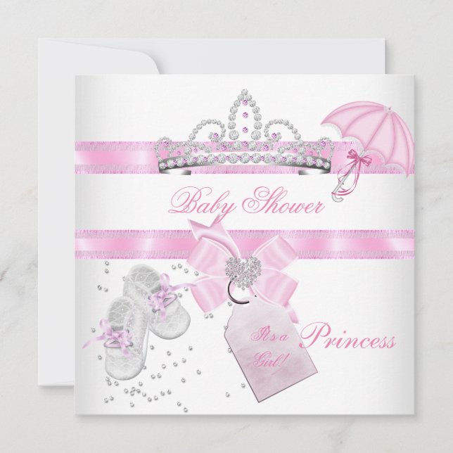 Convites Chá de Bebê Menina Tiara Princesa Rosa Branco Mági (Frente)