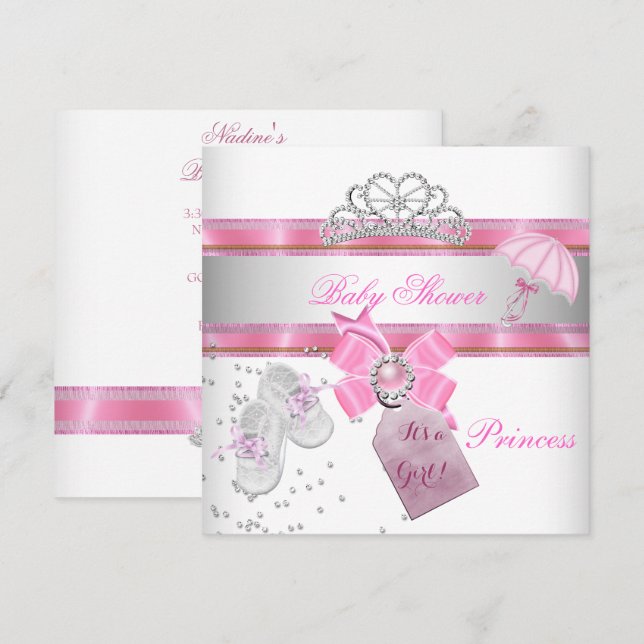 Convites Chá de Bebê Menina Tiara Princesa Rosa Branco Mági (Frente/Verso)