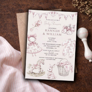 Convites Chá de Bebê Menina Toile Vintage Rosa Bege