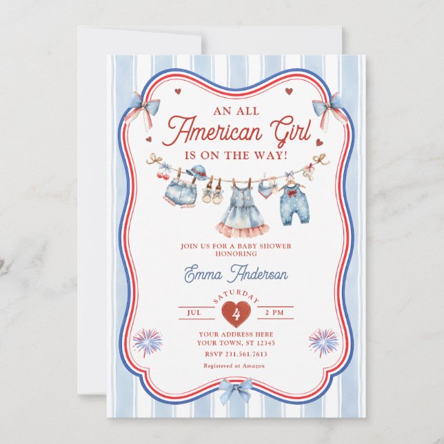 Convites Chá de Bebê Menina Totalmente Americana (Frente)