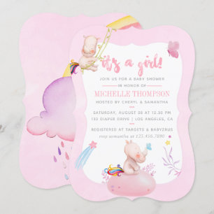 Convites Chá de Bebê Menina Unicórnio Rinoceronte Aquarela 