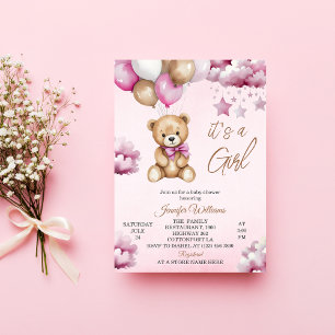 Convites Chá de Bebê Menina Ursinho e Balões Rosa Adorável
