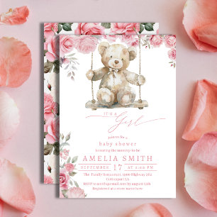 Convites Chá de Bebê Menina Urso de Pelúcia Aquarela Rosa S