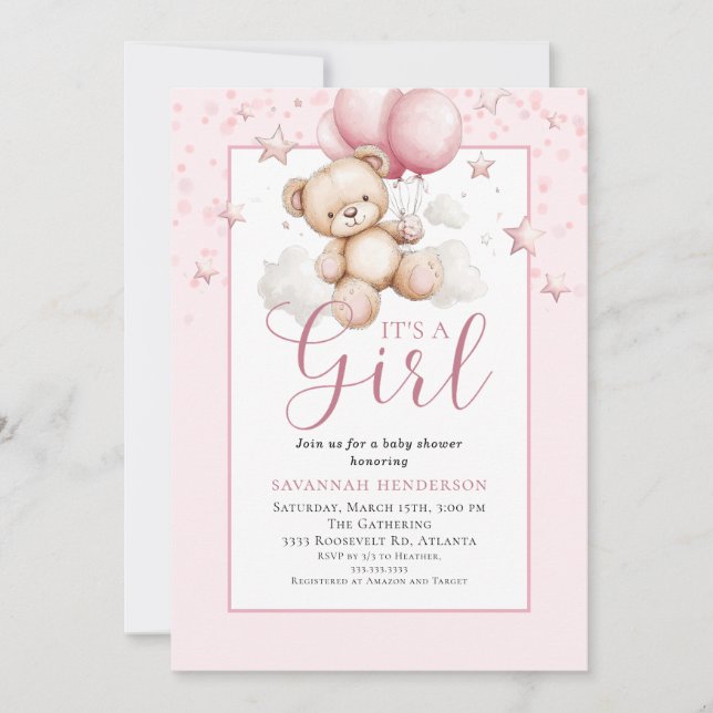 Convites Chá de Bebê Menina Urso de Pelúcia Rosa Blush (Frente)