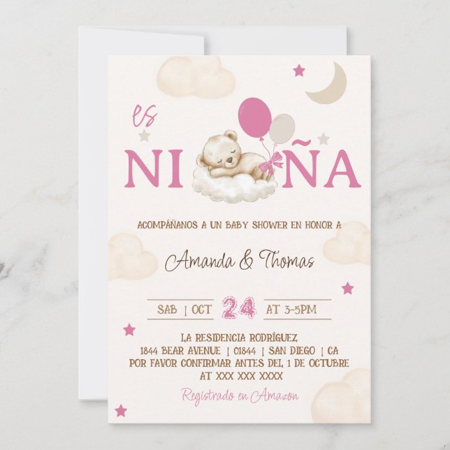 Convites Chá de Bebê Menina Urso de Pelúcia Rosa Espanhol (Frente)