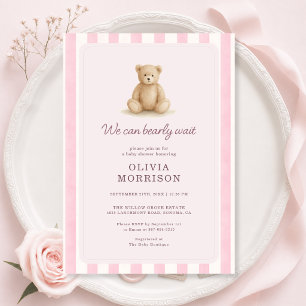 Convites Chá de Bebê Menina Urso de Pelúcia Rosa Listras
