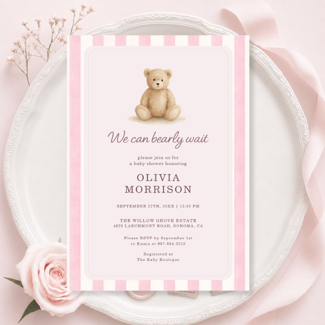 Convites Chá de Bebê Menina Urso de Pelúcia Rosa Listras (Criador carregado)