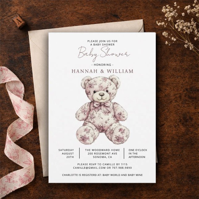 Convites Chá de Bebê Menina Urso de Pelúcia Toile Rosa (Criador carregado)