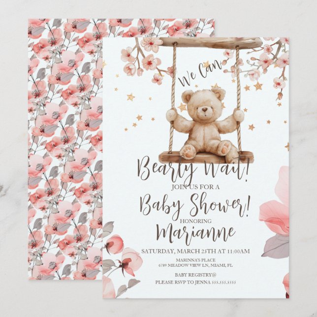 Convites Chá de Bebê Menina Urso Floral Chinês (Frente/Verso)