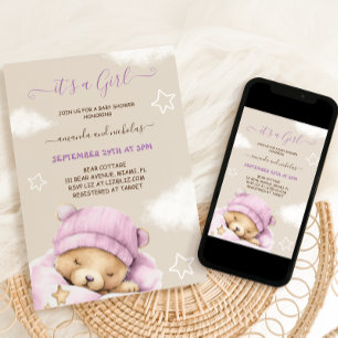 Convites Chá de Bebê Menina Urso Inverno