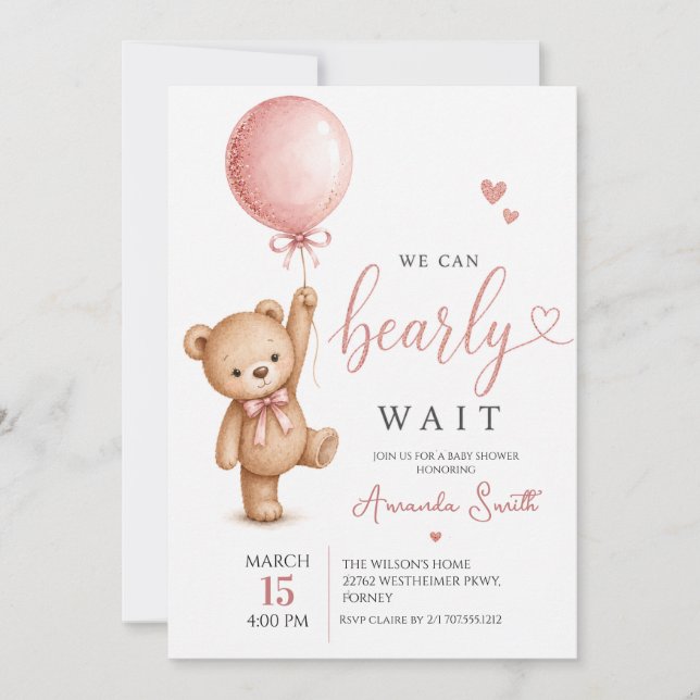 Convites Chá de Bebê Menina Urso Rosa Aguarela Mal Posso Es (Frente)