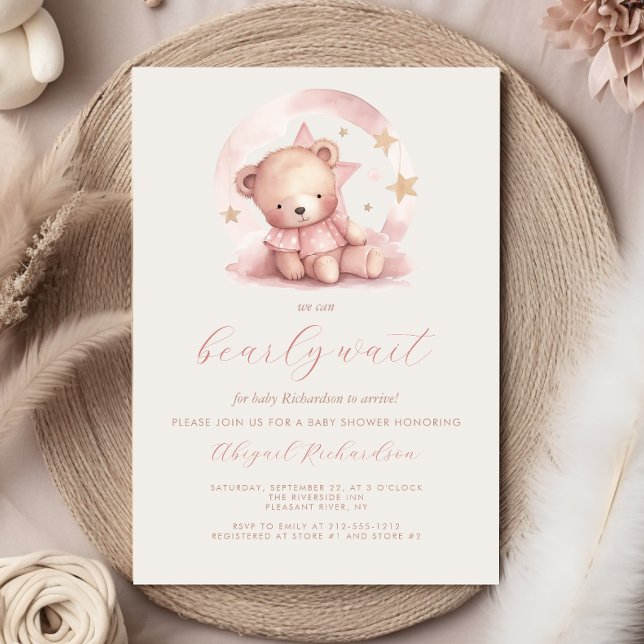 Convites Chá de Bebê Menina Urso Rosa Cute em Aquarela (Criador carregado)