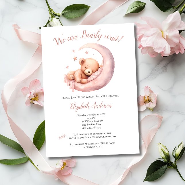 Convites Chá de Bebê Menina Urso Rosa Lua Quase Esperando C (Pink Baby Girl Baby Shower Invitation Bearly Wait Bear sleeping in moon. Printed or digital download)