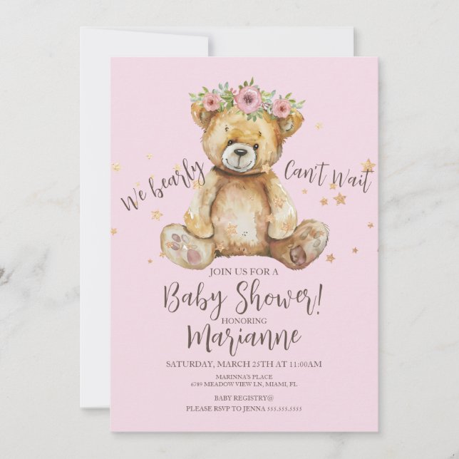 Convites Chá de Bebê Menina Urso Rústico (Frente)