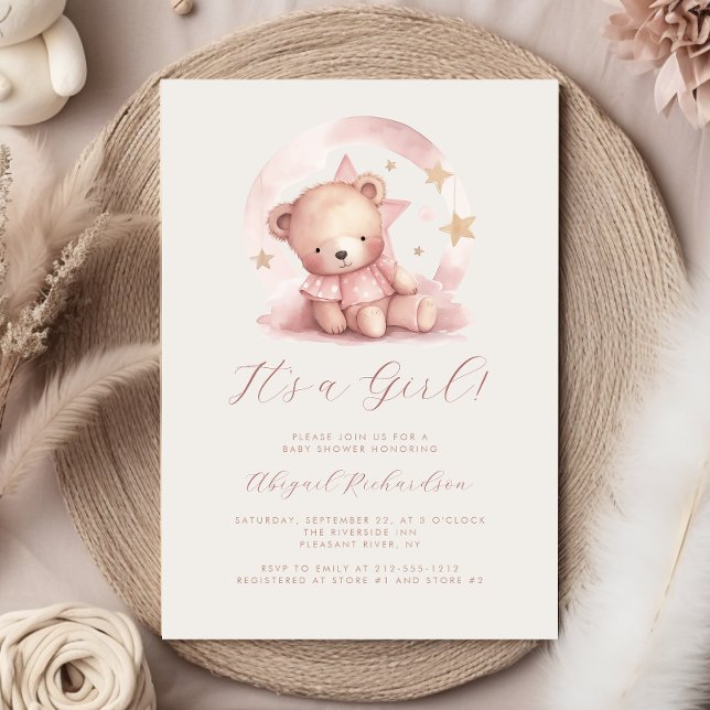 Convites Chá de Bebê Menina Urso Teddy em Aquarela Rosa (Criador carregado)