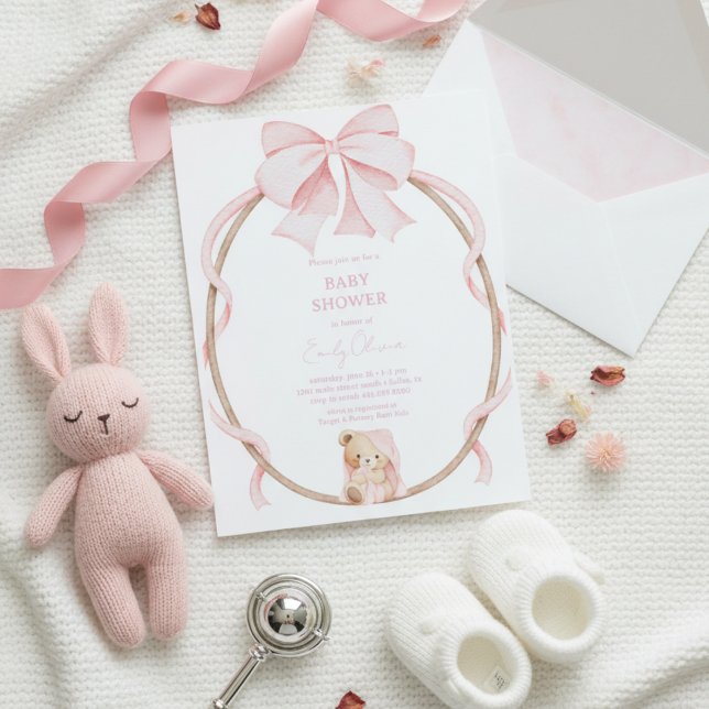 Convites Chá de Bebê Menina Urso Teddy Fofo & Laço Rosa (Criador carregado)