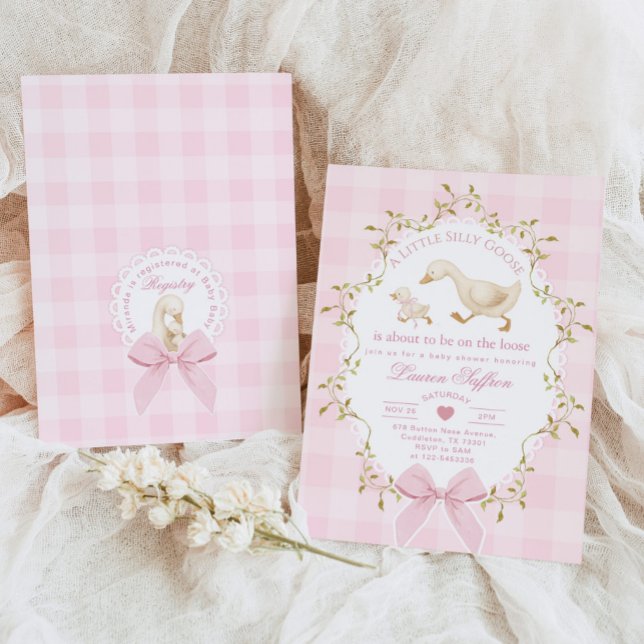 Convites Chá de Bebê Menina Xadrez Rosa Silly Goose (Criador carregado)